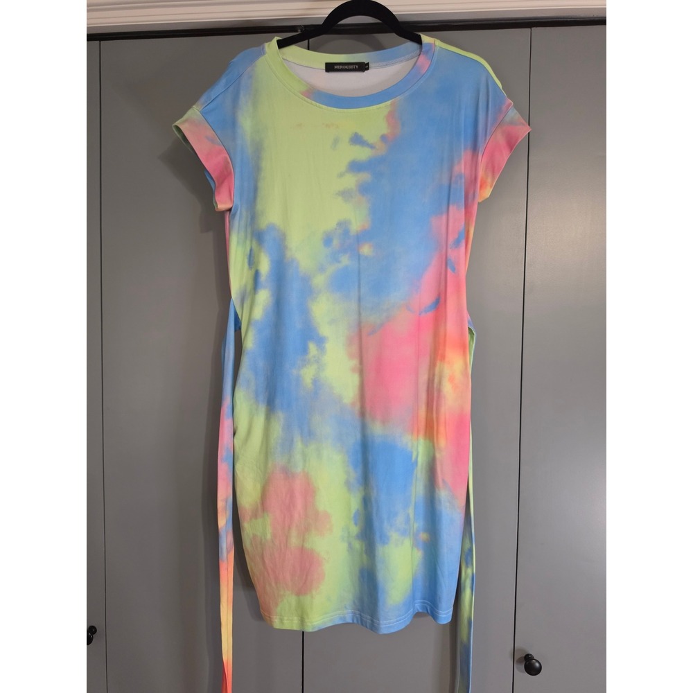 Excellent Merokeety T-Shirt Dress Medium Multicolor Tie Dye Belted Pocket Mini